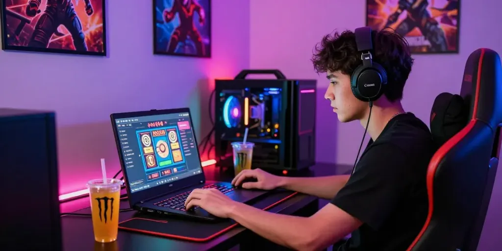 Engaging with rokok88 slot interface in vibrant gaming setup.