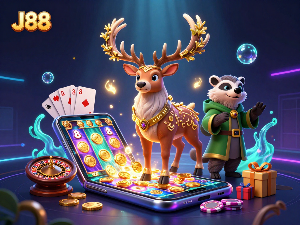 Engage with J88's vibrant casino world featuring a dazzling stag, badger, and slot games.