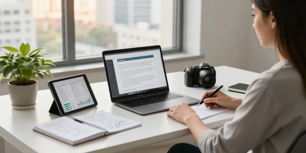 SaaS sponsored content creation workspace with a content strategist at a modern desk