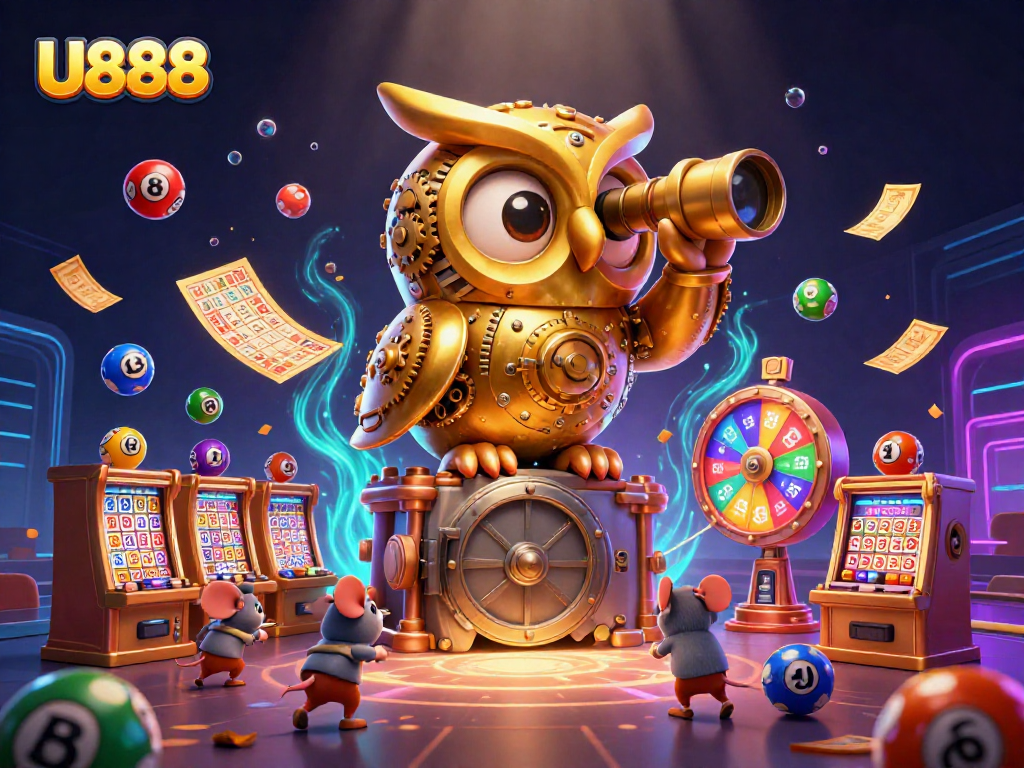 Engage in excitement at U888 with a 3D golden owl overseeing vibrant games, lottery balls, and lively casino elements.
