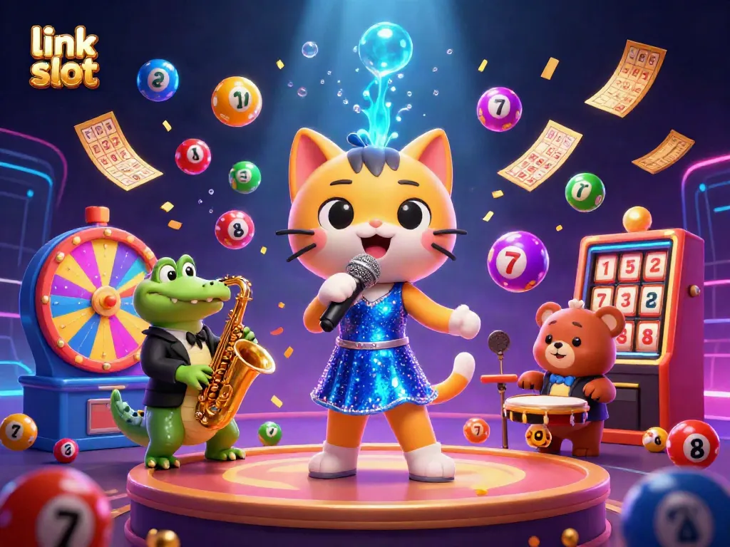 Experience thrilling gameplay at link slot with a vibrant 3D casino scene featuring engaging characters and dynamic elements.