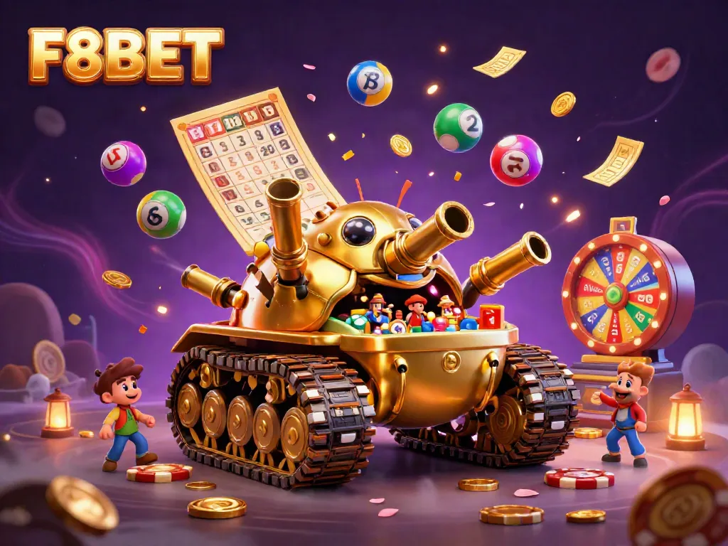 Win big at F8BET's vibrant casino-themed scene with colorful elements and excitement