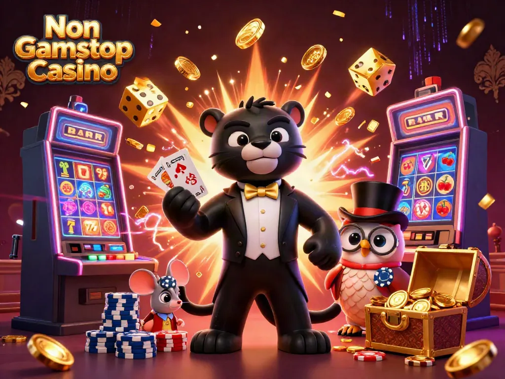 Engaging illustration of Non Gamstop Casino with stylish characters and vibrant gaming elements.