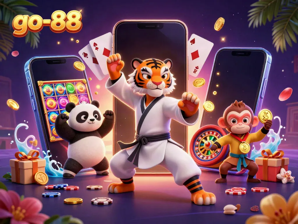 Go-88's playful 3D characters enjoy vibrant slot gaming excitement in a lively casino scene