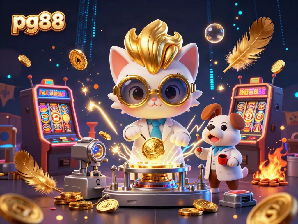 Spin the reels at pg88 with a lively 3D scene featuring cartoon characters and slot machine action.