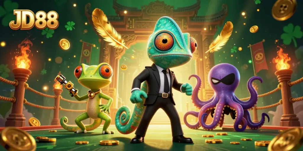 Engage in thrilling gameplay with JD 88 in a vivid casino setting filled with dynamic characters and treasures.