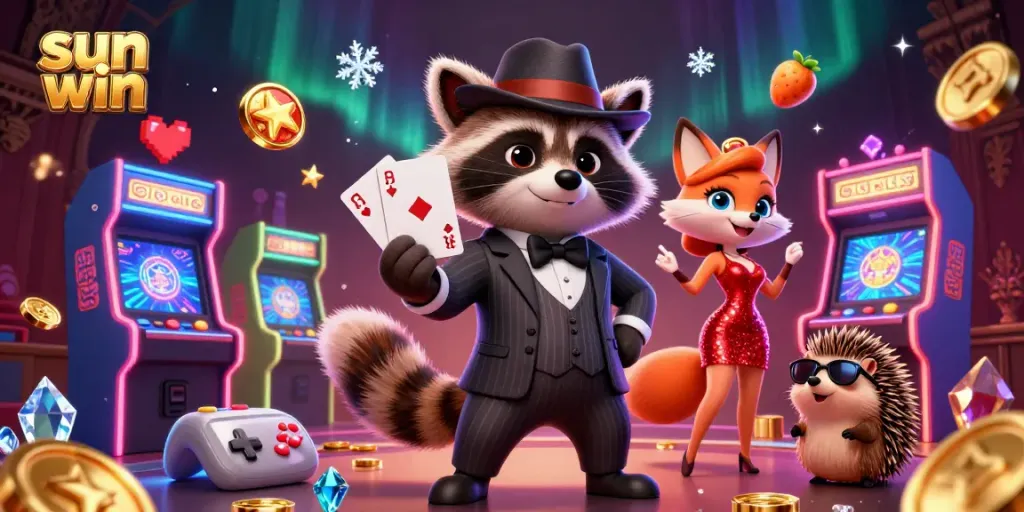 Win big with sun win in this vibrant 3D casino illustration featuring playful characters and games.