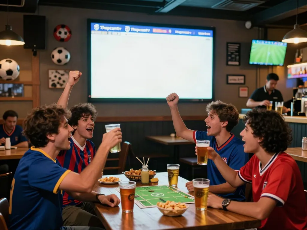 Fans enjoying a thrilling football match on Thapcamtv in a lively sports bar atmosphere.
