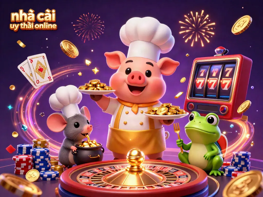 Experience excitement at nhà cái uy tín online with a vibrant illustration of casino characters and games.