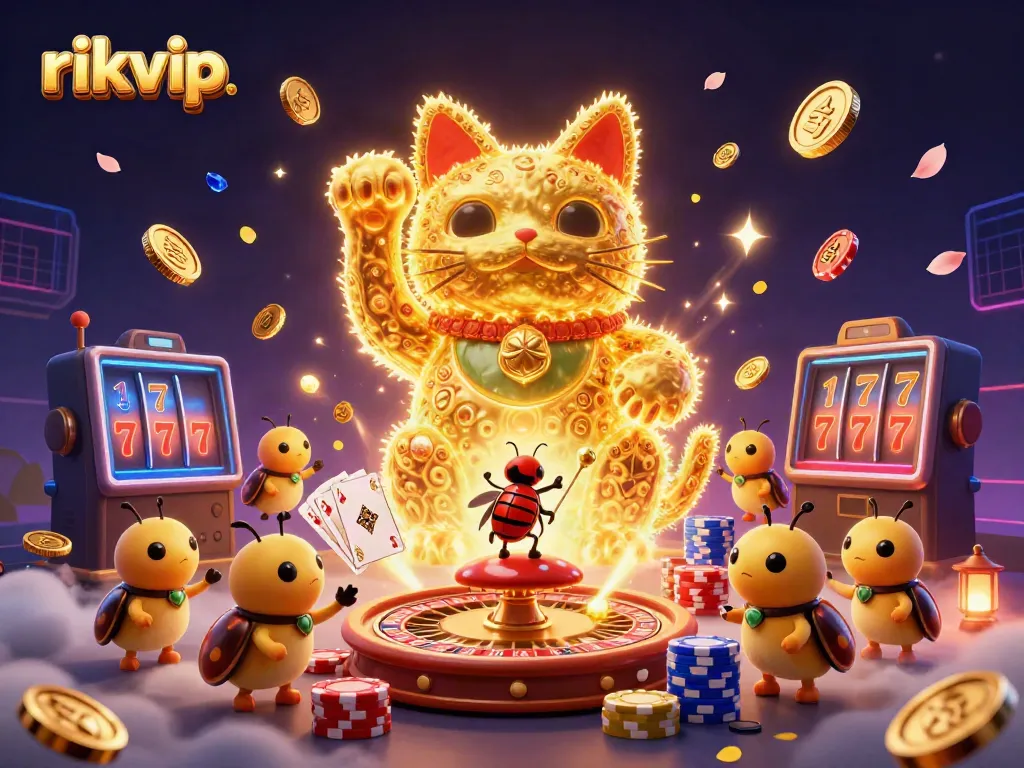 Experience vibrant gameplay at rikvip with golden coins, a lucky cat, and casino gaming symbols.