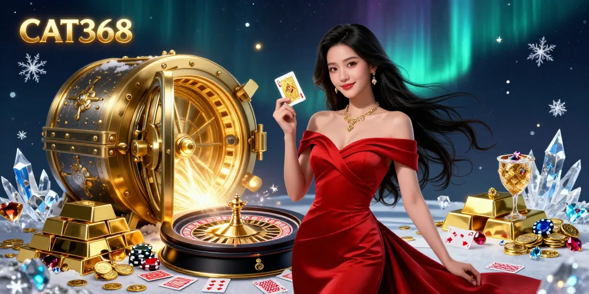 Win big at CAT368's glamorous casino with vibrant playing cards and gold prizes.