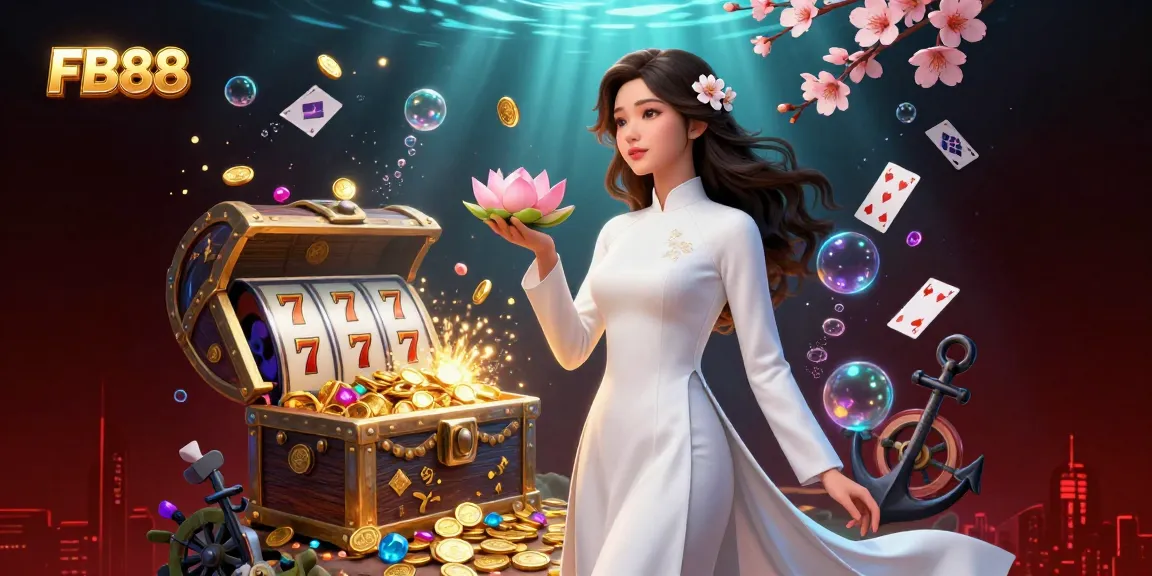 Experience thrilling gameplay with FB88's elegant Asian woman surrounded by floating slot reels and treasures.