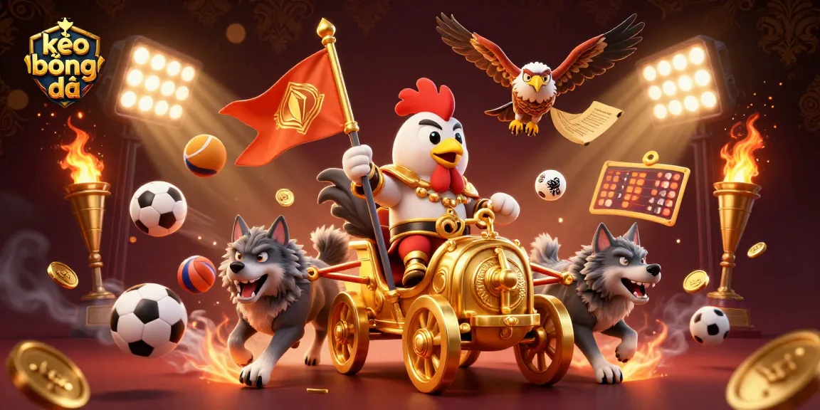 Engage in kèo bóng đá with a vibrant scene featuring a rooster warlord conquering a sports-themed battlefield.