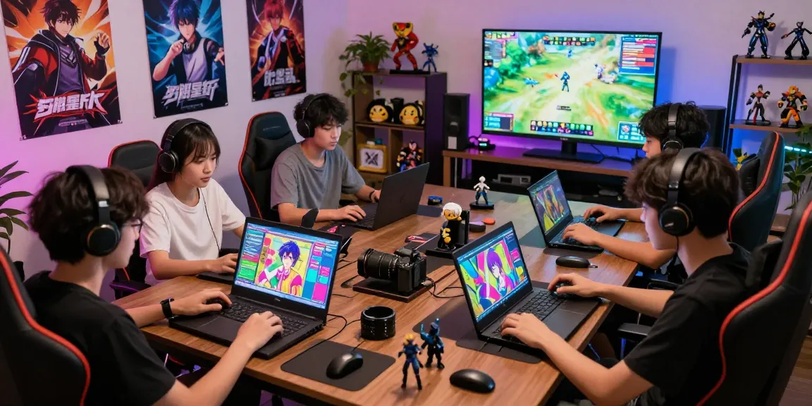 Group of gamers play hentai games on various devices, showcasing diverse interactions in a vibrant online gaming atmosphere.