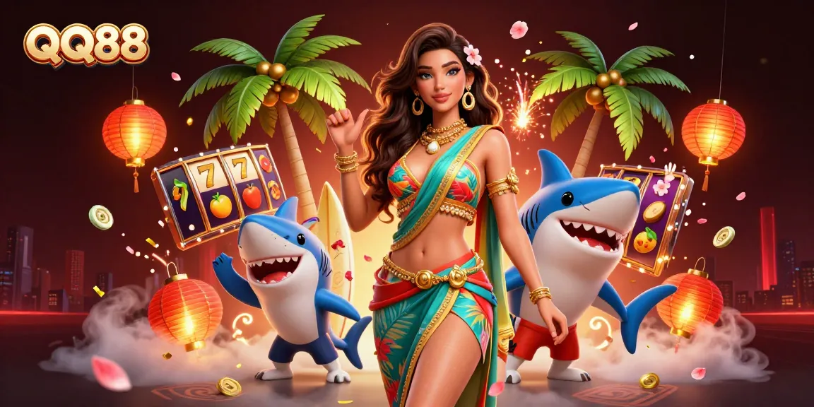Spin the reels of QQ88 for exciting wins with golden decorative elements around a vibrant scene.