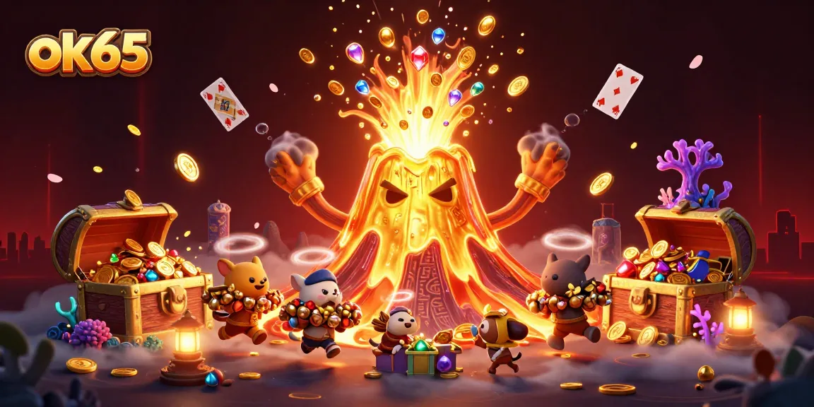 Engage in thrilling gameplay with ok65 in a vibrant casino world featuring a golden volcano and treasures