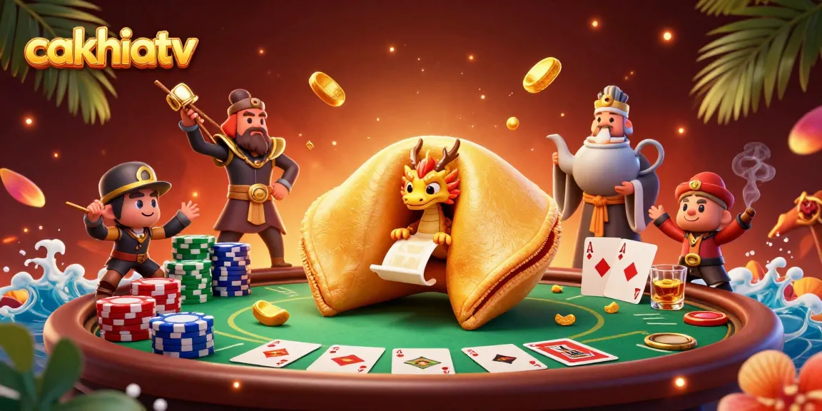 Cakhiatv offers thrilling poker and gambling experience with a magical golden fortune cookie scene.
