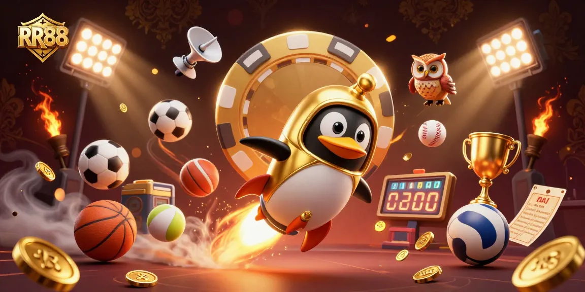 RR88 penguin flies towards a casino space station with golden coins and sports elements