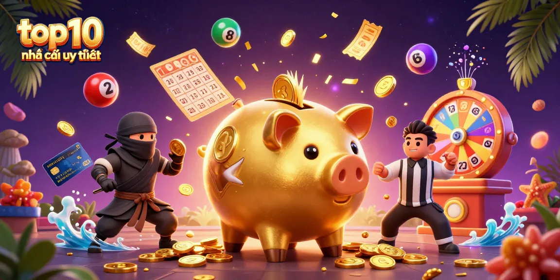 Engaging "top 10 nhà cái uy tín" scene with a sumo wrestler piggy bank and colorful betting elements.