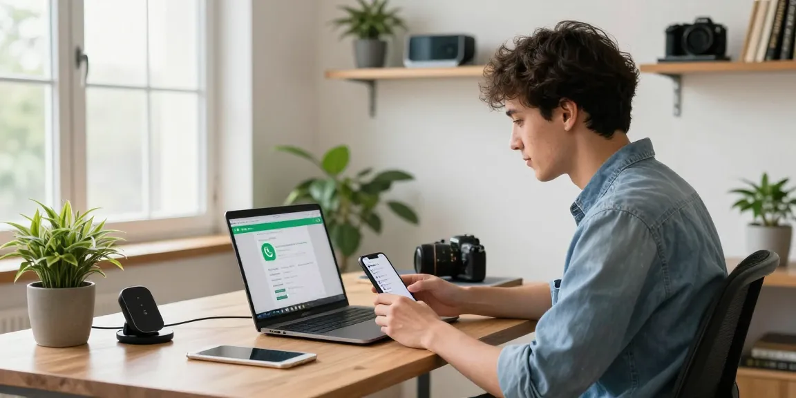 Using WhatsApp網頁版 on a laptop in a modern home office setting, showcasing productivity and tech integration.
