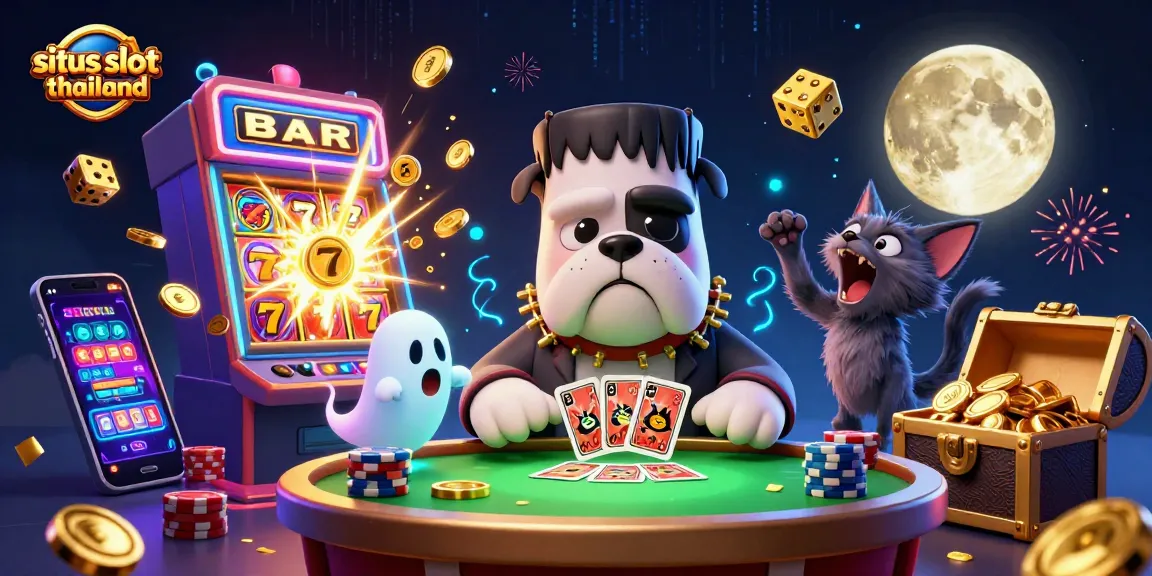 Play slots at situs slot thailand with a quirky bulldog and kitten in an exciting casino scene.