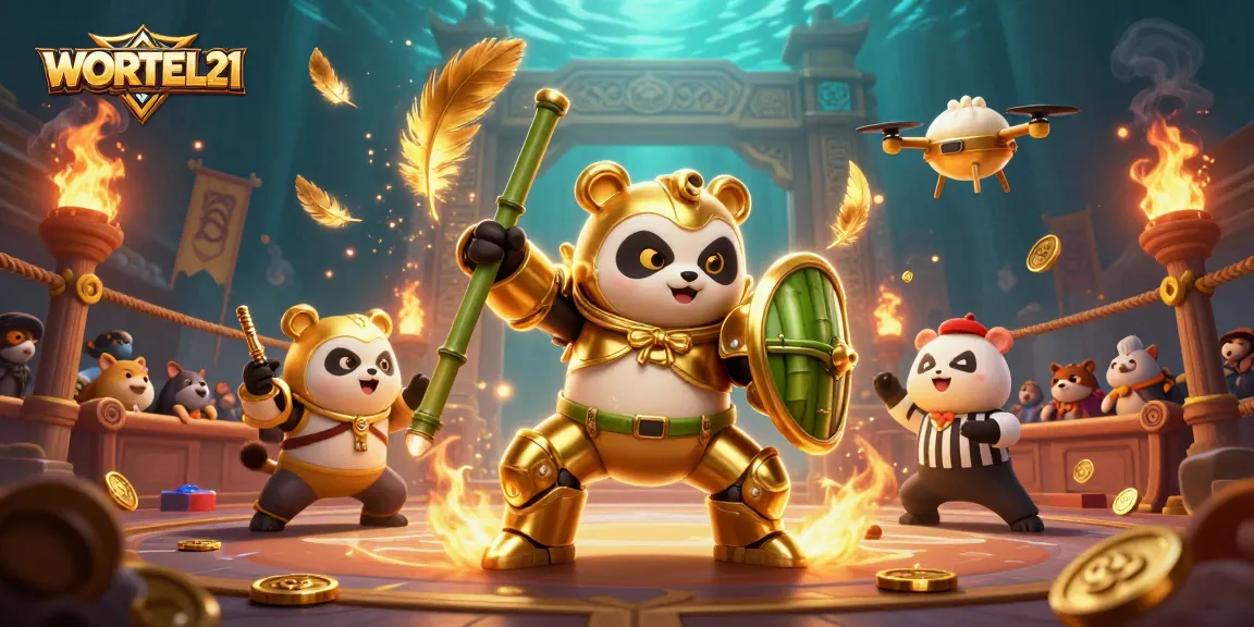 Experience the thrills of WORTEL21 with a vibrant casino battle scene featuring a golden panda and unique elements.