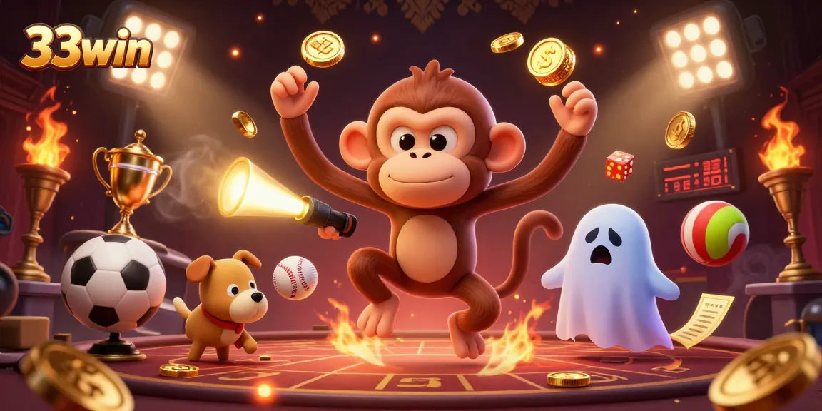 Experience thrilling excitement at 33win with a lively scene featuring a ghost-hunter puppy and a playful monkey at a haunted casino.