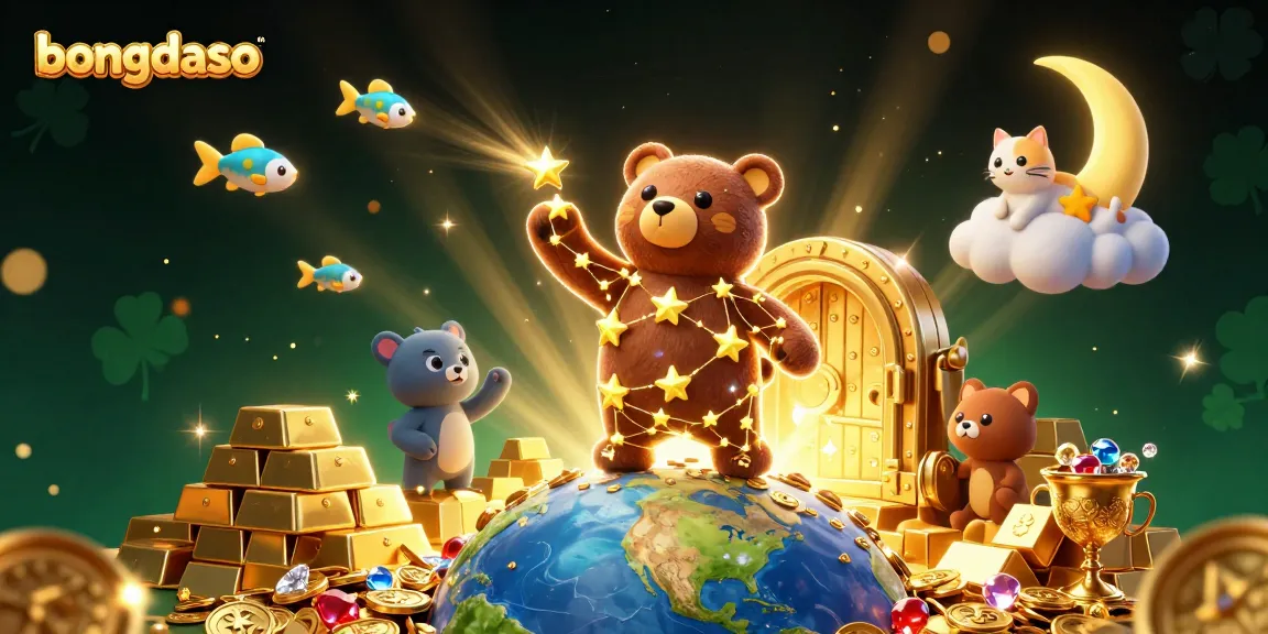 Bongdaso players scoop up coins with a shining constellation bear and rich treasures in a vibrant casino scene.