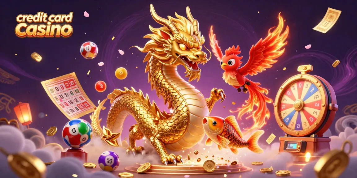 Engaging scene of a credit card casino featuring a golden dragon, phoenix, and koi fish amidst colorful gambling elements.