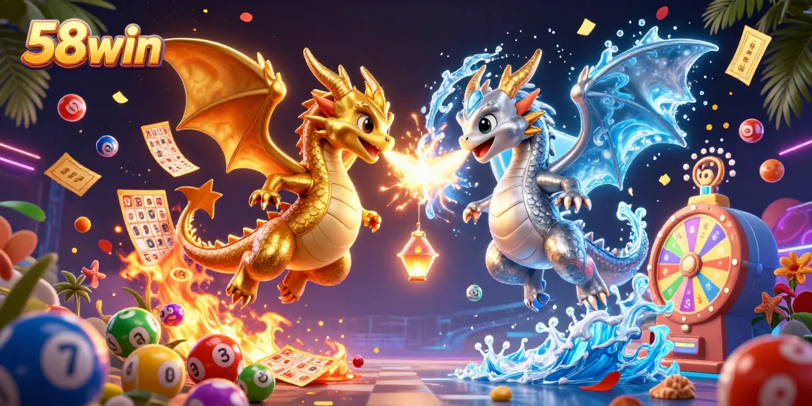 Experience the thrilling gameplay of 58win with stunning casino-themed 3D dragons and vibrant lottery effects.