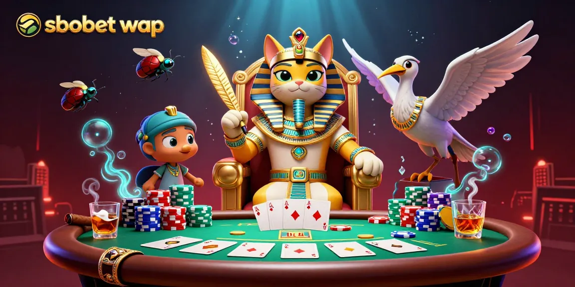 Bet with sbobet wap in an engaging 3D illustration featuring a pharaoh cat and poker elements.