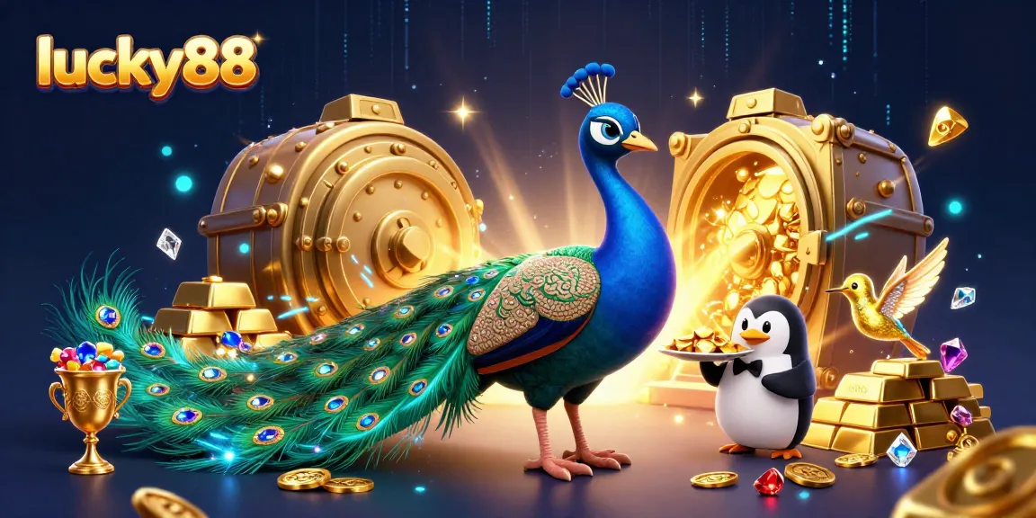 Engage with lucky88's thrilling adventure as colorful characters surround a treasure-filled casino scene.