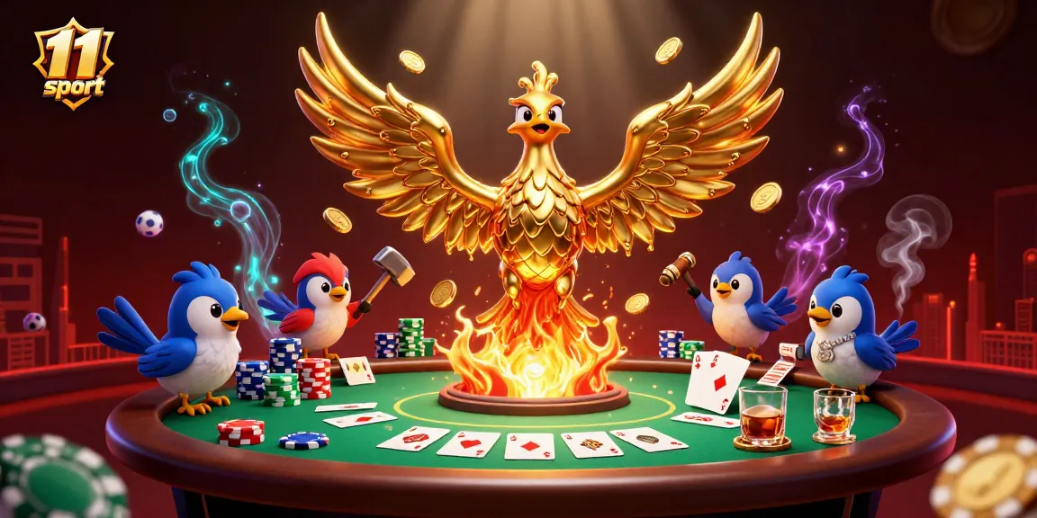 11 sport themed illustration showcasing a golden phoenix amidst vibrant poker elements and dynamic sports visuals