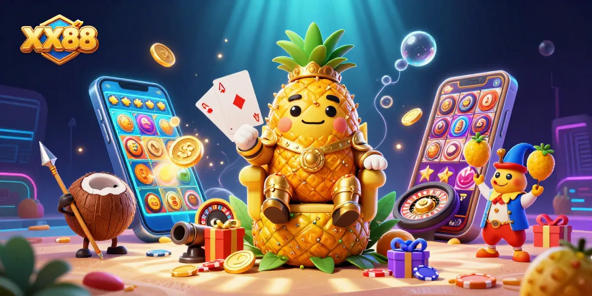 Experience exciting gambling with XX88's vibrant casino scene featuring a playful pineapple king and engaging gaming elements.