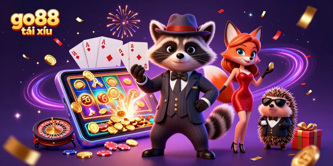 Experience thrilling go88 tài xỉu gameplay with a suave raccoon, dazzling fox, and a cool hedgehog amidst vibrant casino elements.