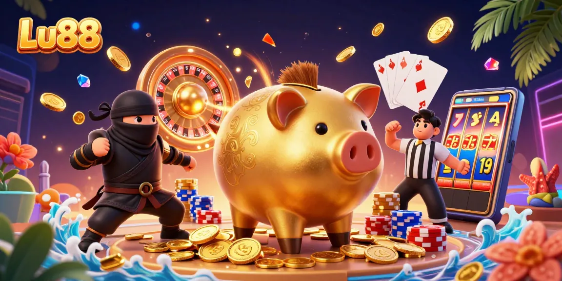 Experience the excitement of Lu88 with vibrant casino characters and golden winnings.