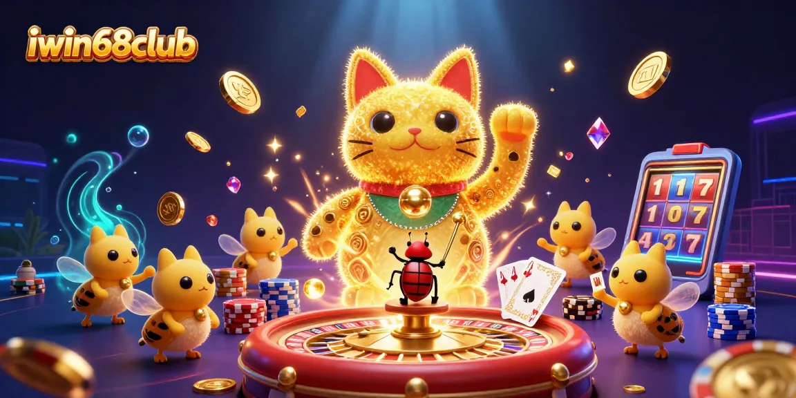 Experience vibrant gameplay at iwin68club with dynamic casino elements and a golden lucky cat.