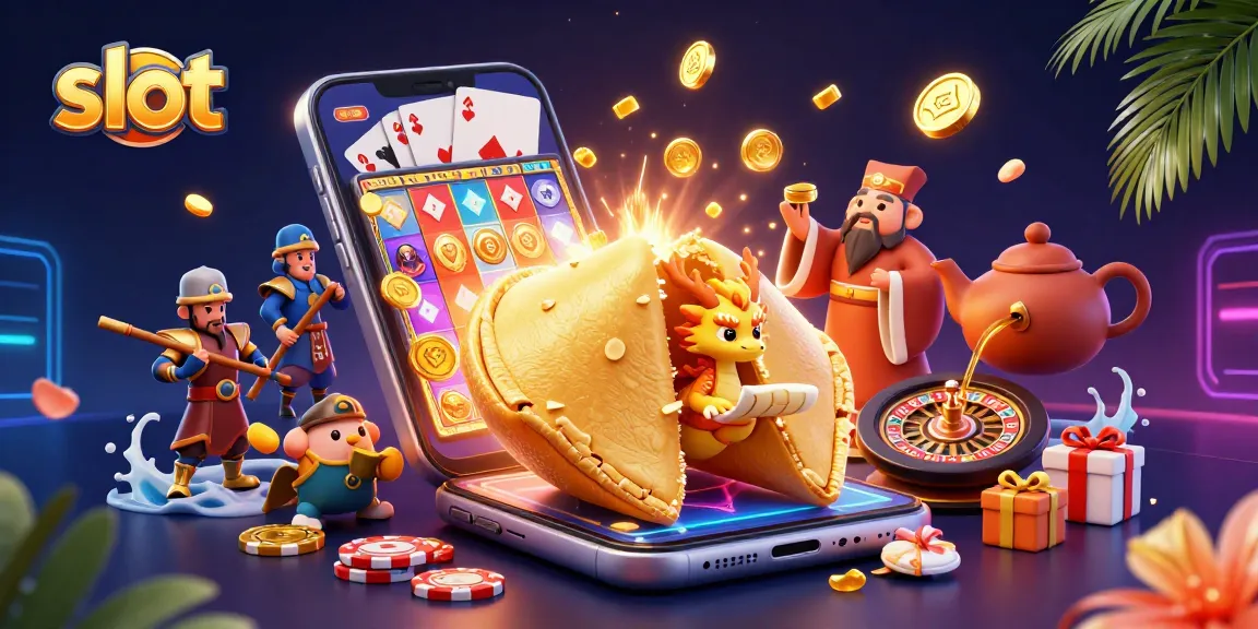 Spin the slot with a golden fortune cookie, wise dragon, and vibrant casino elements.