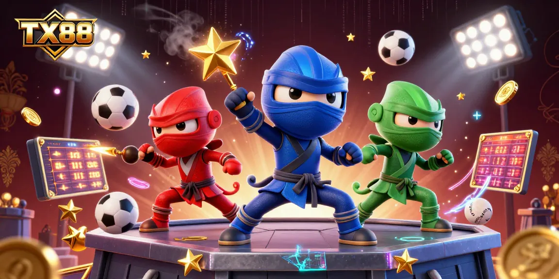 TX88 leads the action with vibrant ninja chameleons amidst flying sports elements in a dynamic casino scene.