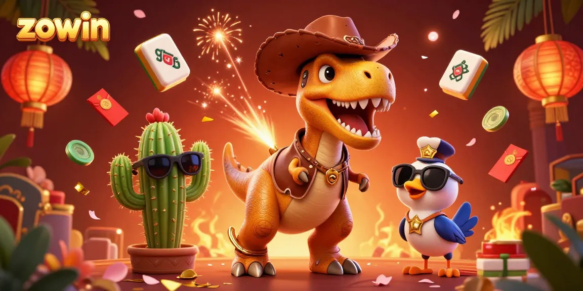 Engage with lively casino fun at Zowin featuring a T-Rex, cactus sidekick, and bright casino elements.