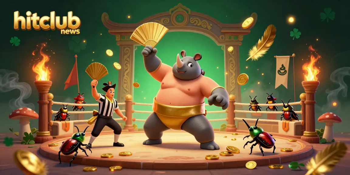 Experience the excitement of hitclubnews with a dynamic scene of a beetle sumo champion amidst golden coins and vibrant casino elements.
