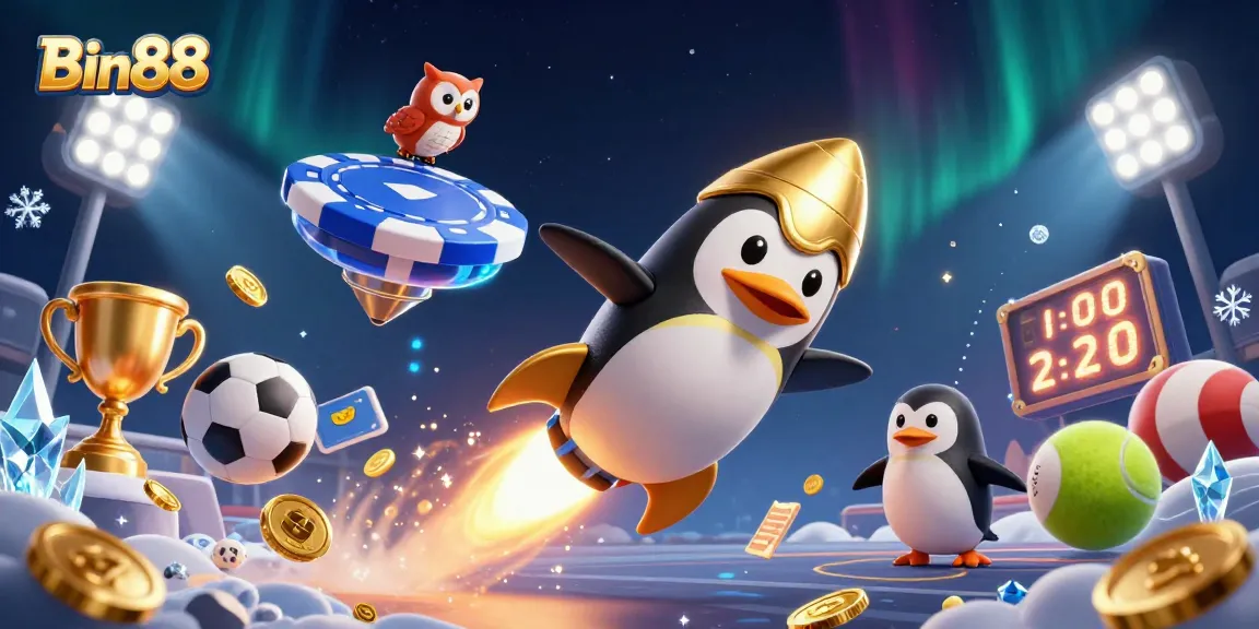 Play exciting games with Bin88 featuring a rocket-powered penguin at a vibrant casino