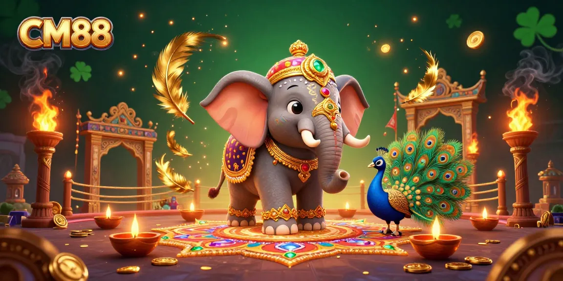 Spin and win with CM88 in a vibrant 3D casino scene featuring an ornate elephant and peacock.