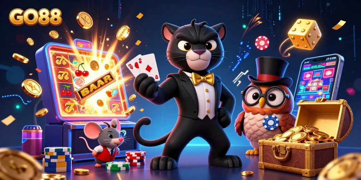Experience thrilling gameplay at GO88 with a stylish panther dealer and vibrant casino elements.
