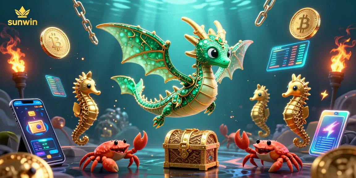 Experience thrilling gameplay at sunwin with vibrant 3D illustrations featuring a sea dragon and crypto-themed elements.