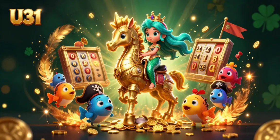 Experience U31 thrilling jackpots with a mermaid princess and her seahorse companions in a vibrant casino scene.