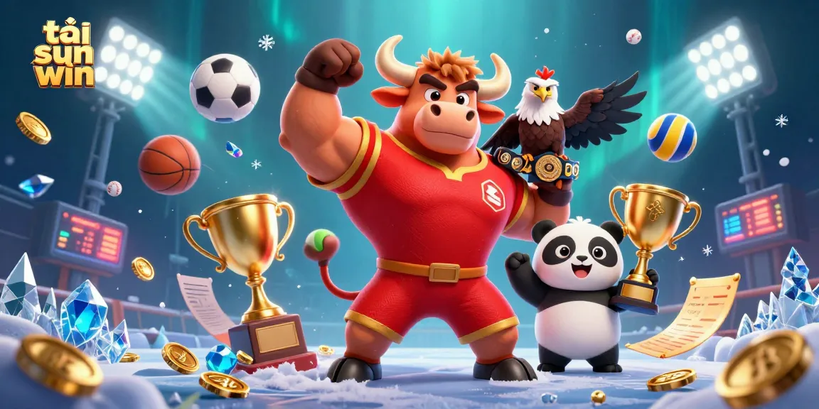 Engage in thrilling action with tải sun win as a muscular bull, eagle, and panda celebrate sports wins.