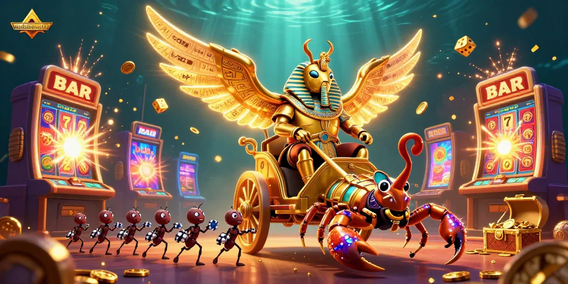 Engage in the thrilling wallaseycemetery casino scene featuring a golden scarab, vibrant slot machines, and dynamic action.