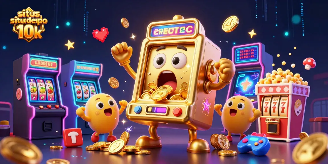 Situs depo 10k showcases a vibrant 3D digital illustration of a golden slot machine celebrating a jackpot, surrounded by cheering machines.
