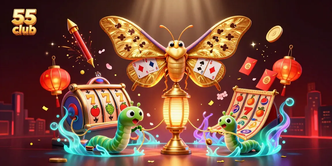 Spin the reels with 55 club themed slot machines in a vibrant casino scene.